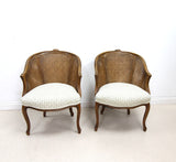 Pair of French style Bergere Caned Chairs with a Upholstered Seats