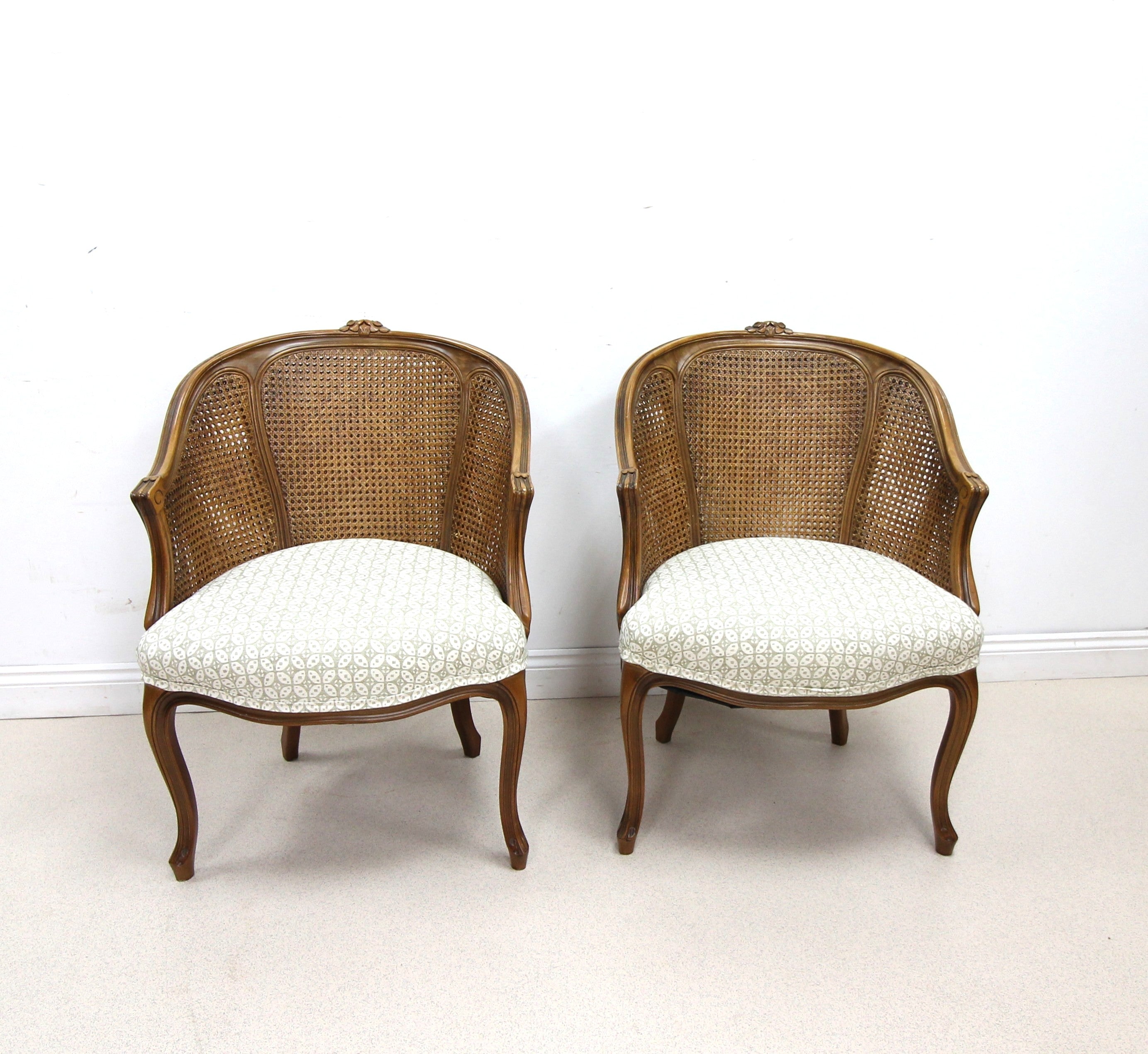 Pair of French style Bergere Caned Chairs with a Upholstered Seats