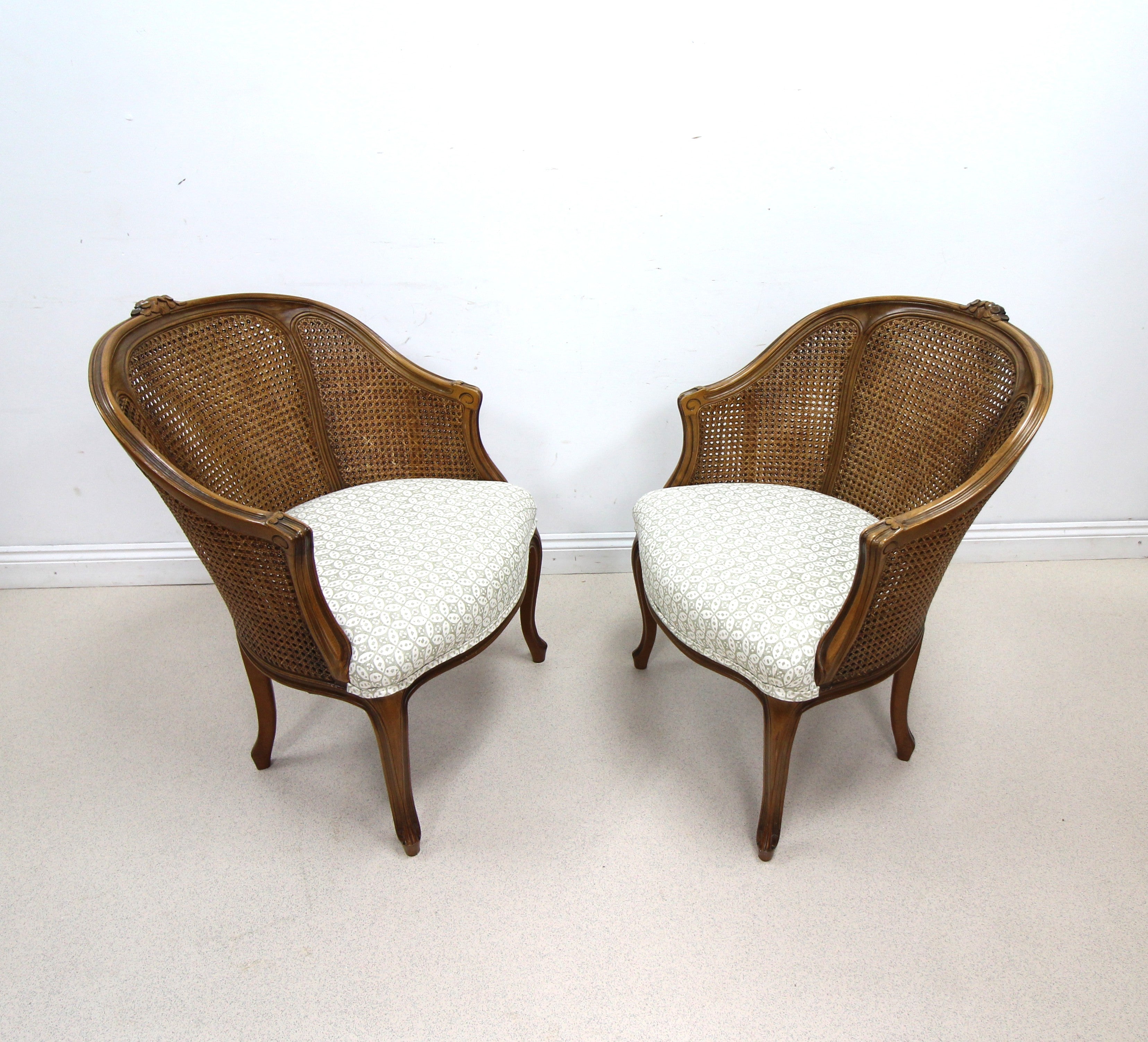 Pair of French style Bergere Caned Chairs with a Upholstered Seats