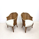 Pair of French style Bergere Caned Chairs with a Upholstered Seats