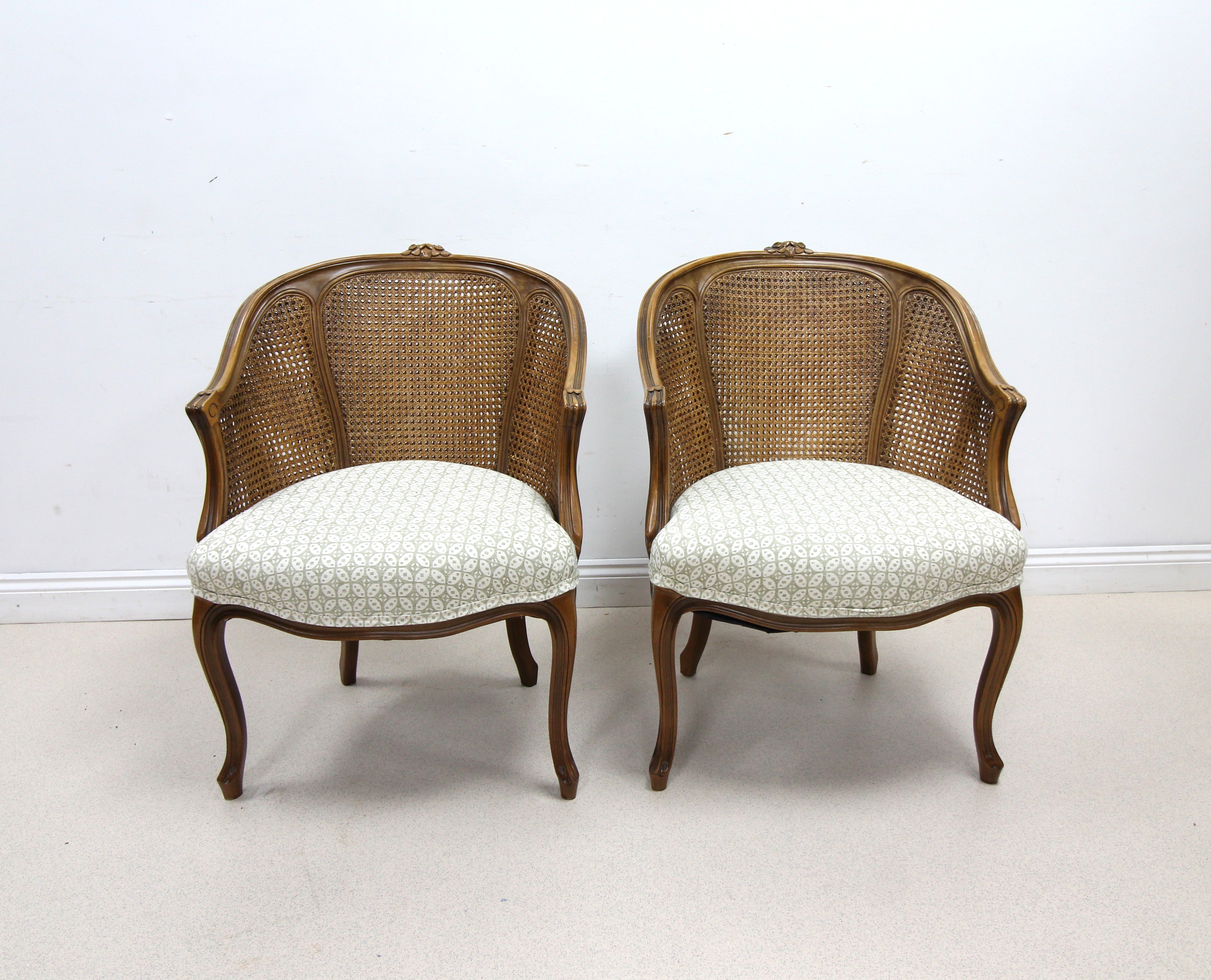 Pair of French style Bergere Caned Chairs with a Upholstered Seats