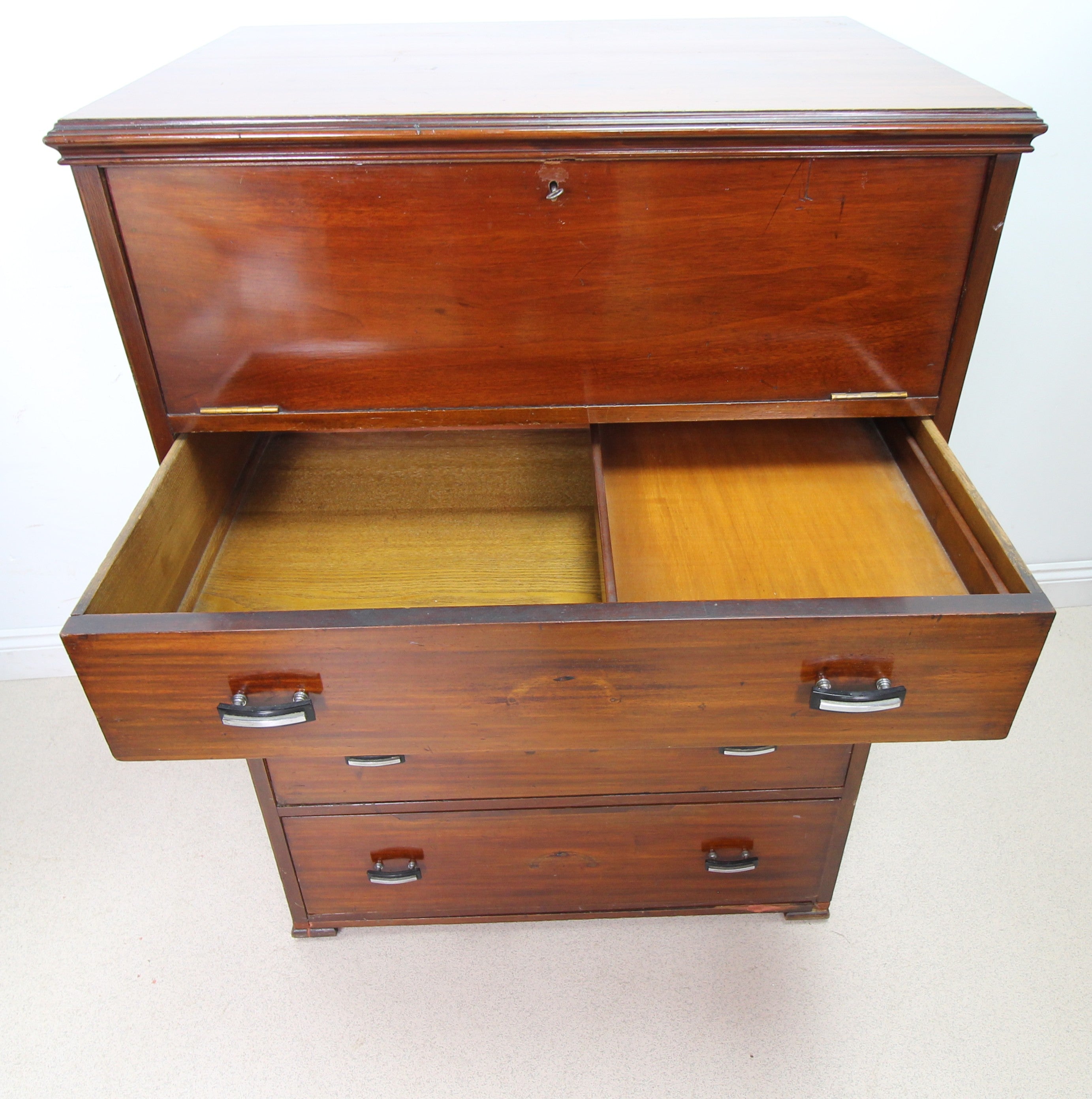 Large Art Deco Mahogany Secretaire Chest Of Drawers