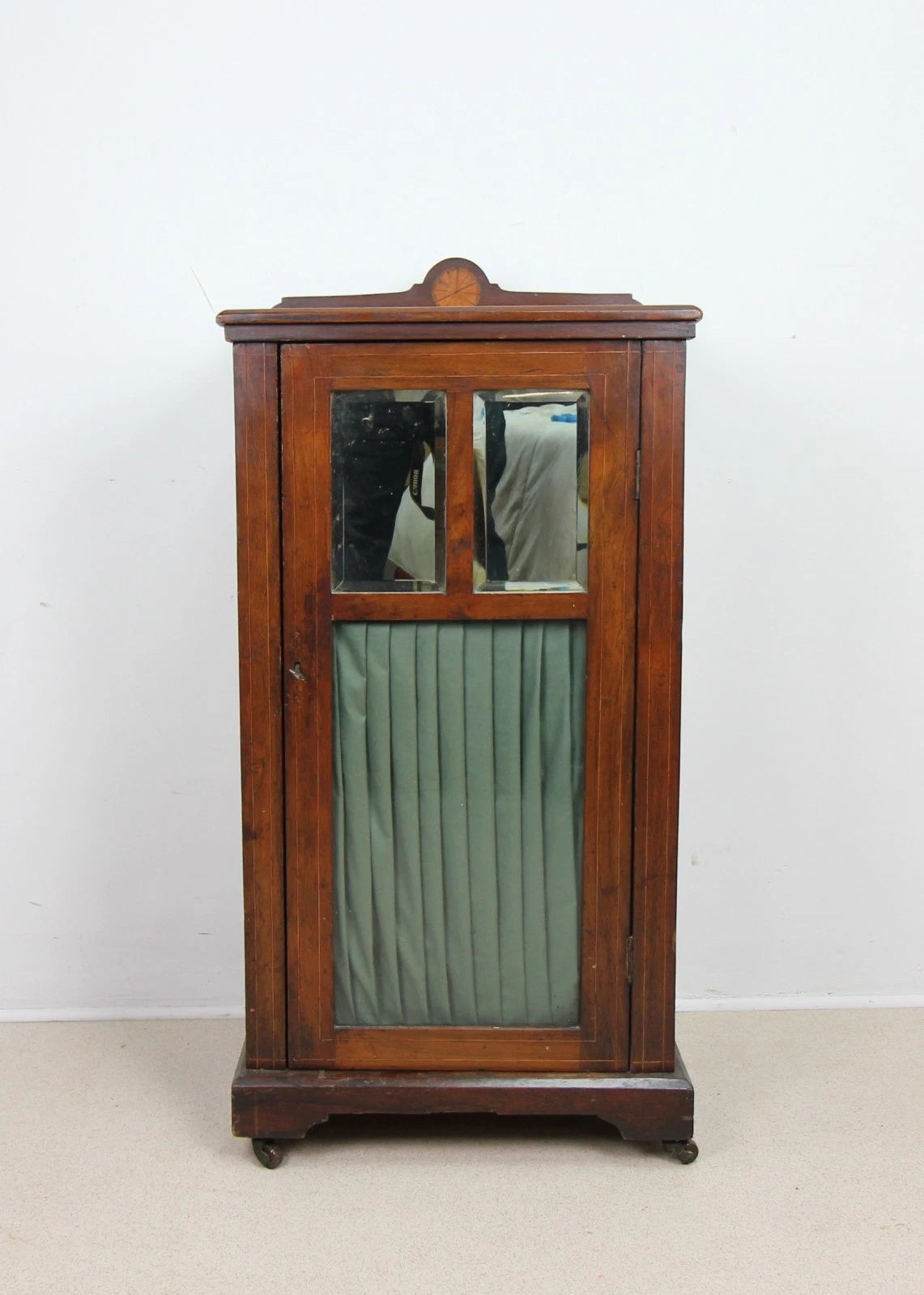 Antique Edwardian Small Cabinet Fabric Curtain Shelves Glazed Front On Castors