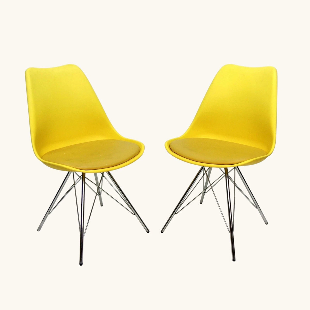 Set of 2 Yellow Eames-Inspired Shell Chairs with Cushioned Seats