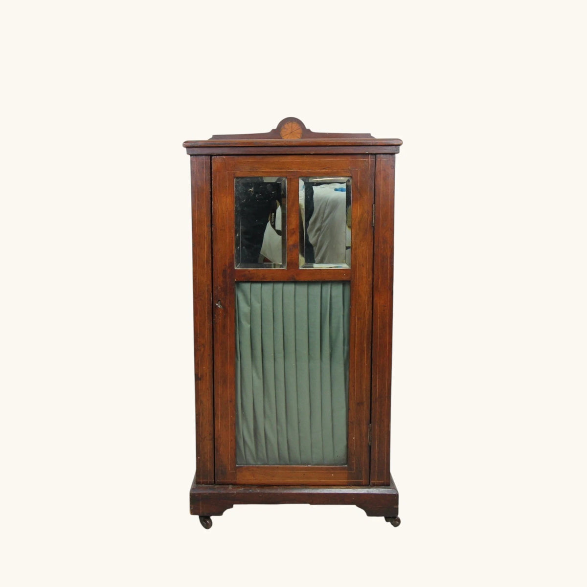 Antique Edwardian Small Cabinet Fabric Curtain Shelves Glazed Front On Castors