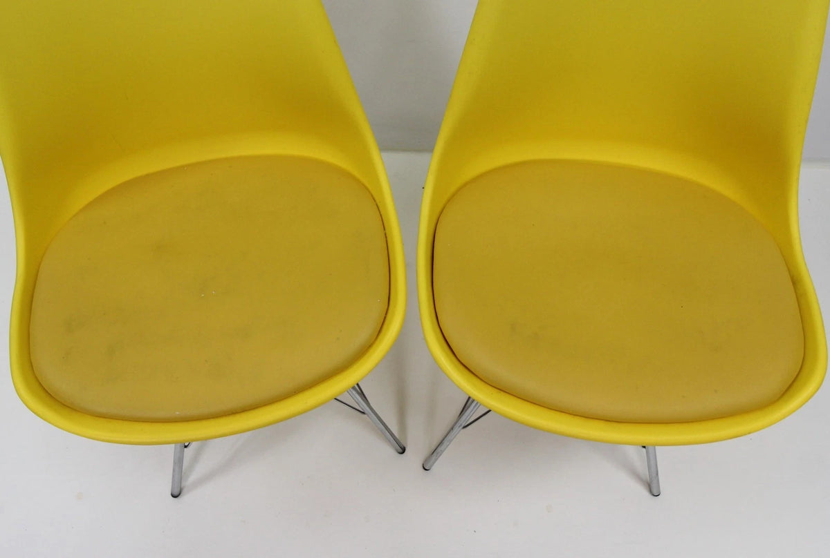 Set of 2 Yellow Eames-Inspired Shell Chairs with Cushioned Seats