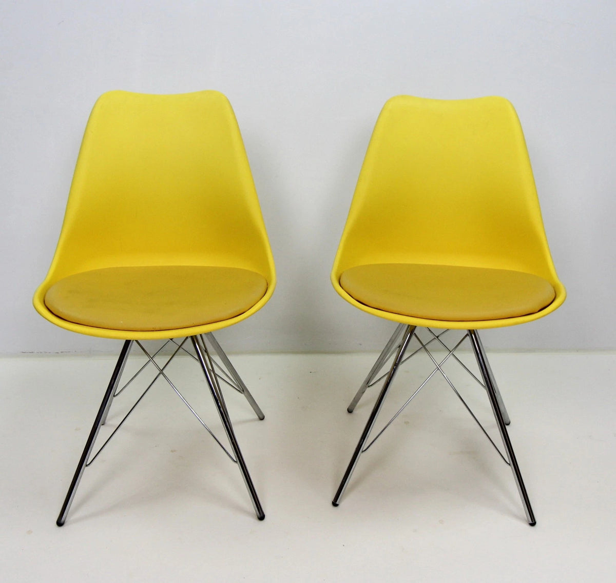 Set of 2 Yellow Eames-Inspired Shell Chairs with Cushioned Seats