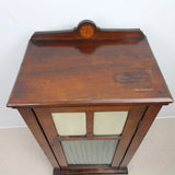 Antique Edwardian Small Cabinet Fabric Curtain Shelves Glazed Front On Castors