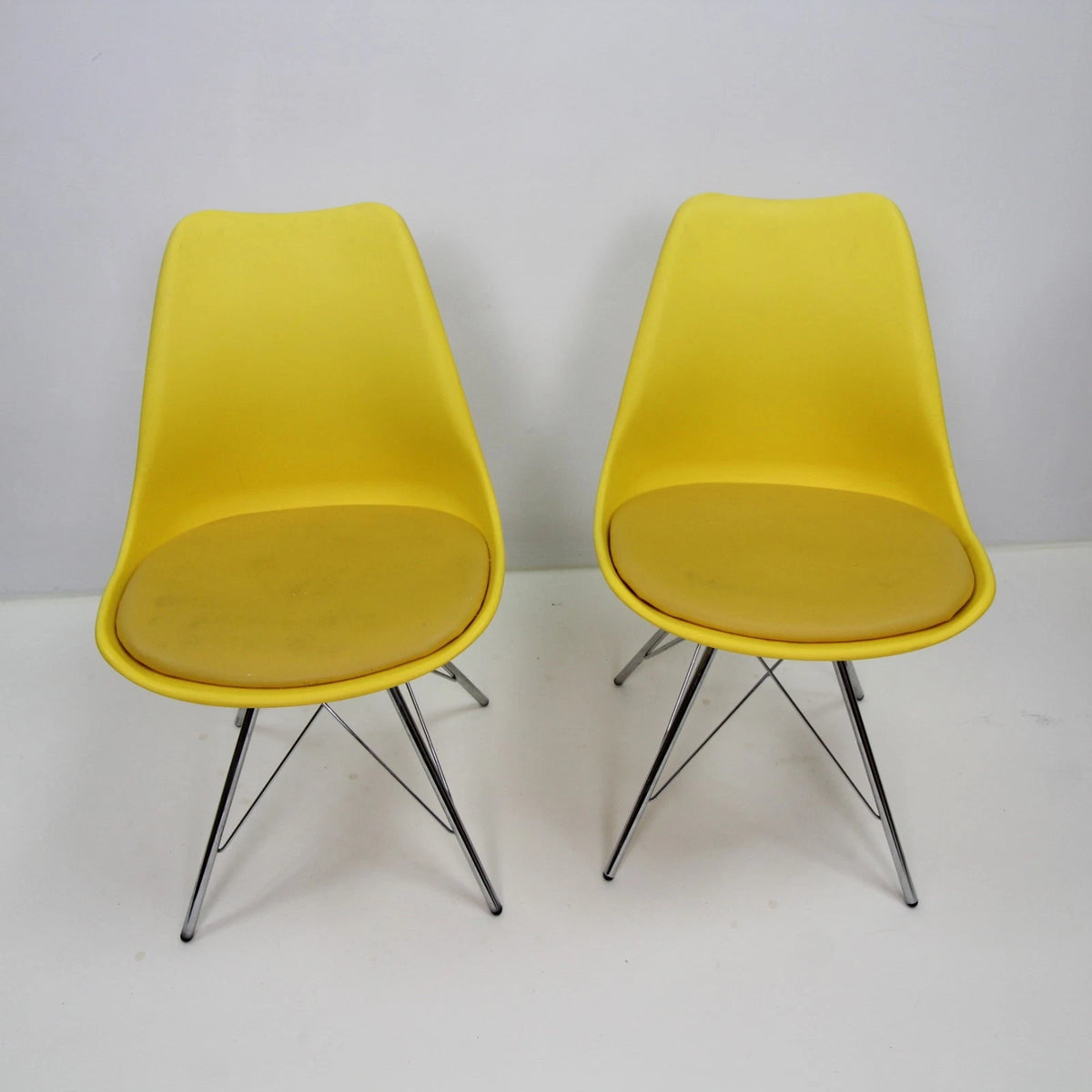 Set of 2 Yellow Eames-Inspired Shell Chairs with Cushioned Seats