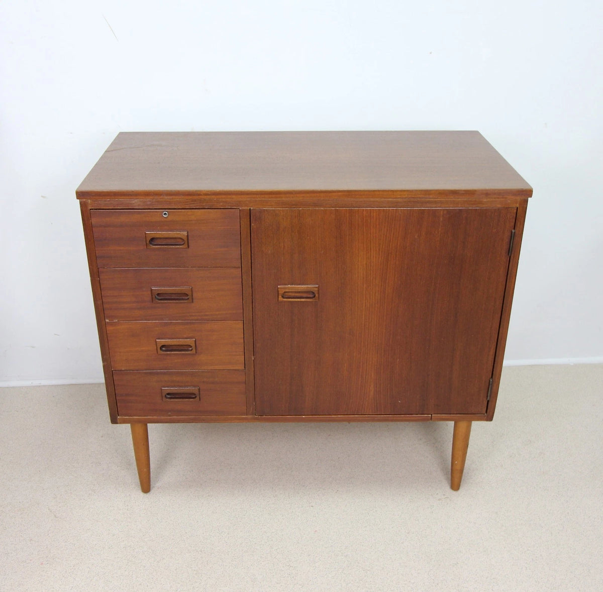 Small Danish Style Teak Cabinet with Cupboard & Drawers Ex Singer Sewing Machine