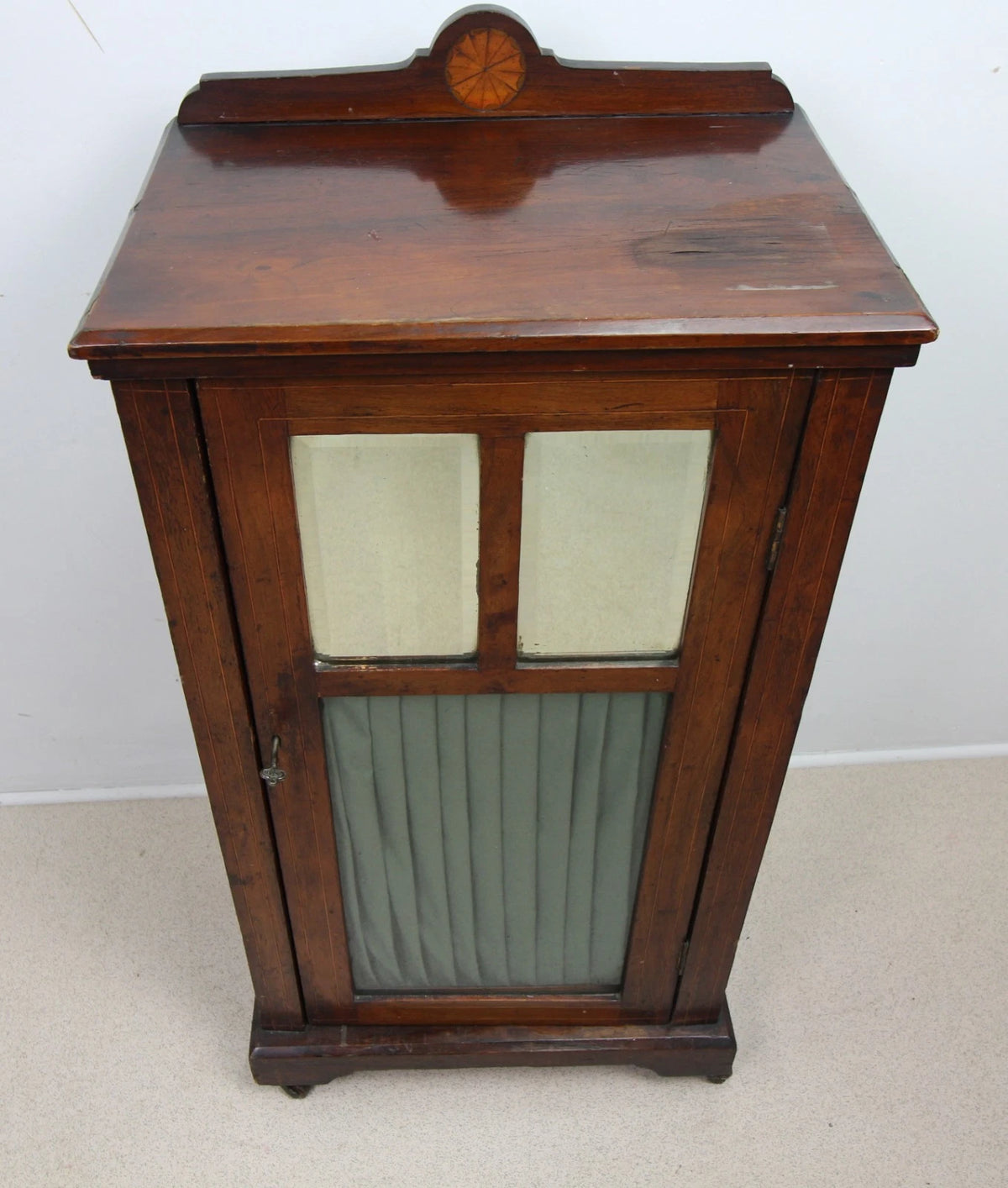 Antique Edwardian Small Cabinet Fabric Curtain Shelves Glazed Front On Castors
