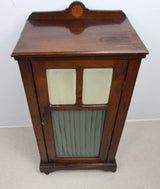 Antique Edwardian Small Cabinet Fabric Curtain Shelves Glazed Front On Castors