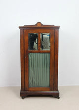 Antique Edwardian Small Cabinet Fabric Curtain Shelves Glazed Front On Castors