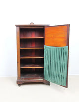 Antique Edwardian Small Cabinet Fabric Curtain Shelves Glazed Front On Castors
